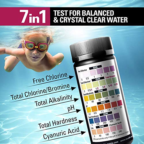 Health Metric 7-Way Pool and Spa Test Strips | 50 ct | Pool Testing Strip Kit for Chlorine Bromine Alkalinity pH Hardness & Cyanuric Acid |