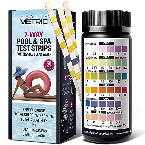 Health Metric 7-Way Pool and Spa Test Strips | 50 ct | Pool Testing Strip Kit for Chlorine Bromine Alkalinity pH Hardness & Cyanuric Acid |