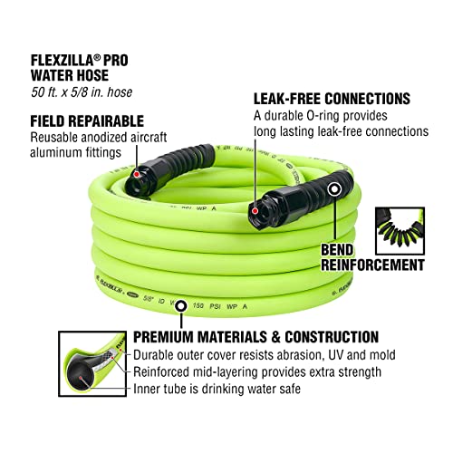 Flexzilla Pro Water Hose with Reusable Fittings, 5/8 in. x 50 ft., Heavy Duty, Lightweight, Drinking Water Safe