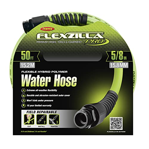 Flexzilla Pro Water Hose with Reusable Fittings, 5/8 in. x 50 ft., Heavy Duty, Lightweight, Drinking Water Safe