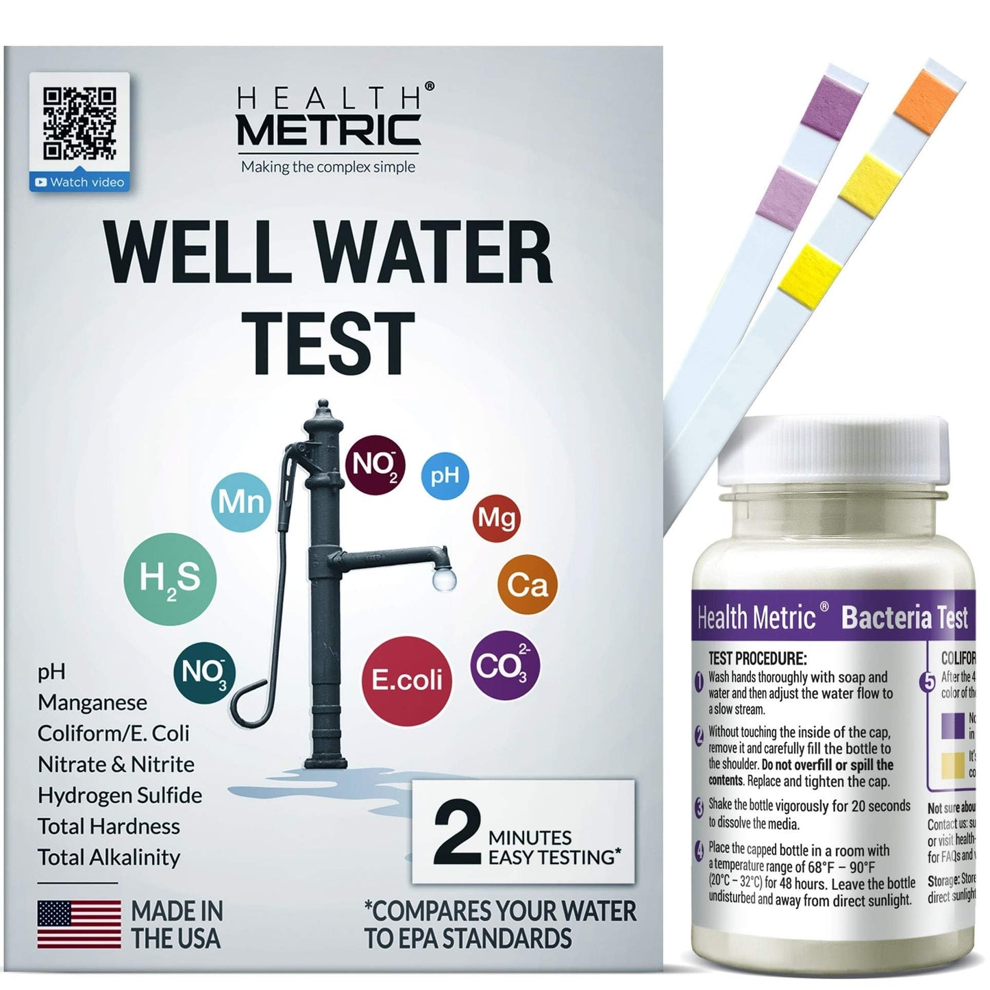 Well Water Test Kit for Drinking Water - Quick and Easy Home Water Testing Kit for Bacteria Nitrate Nitrite pH Manganese & More | Made in The USA in Line with EPA Limits [NO MAILING Required]