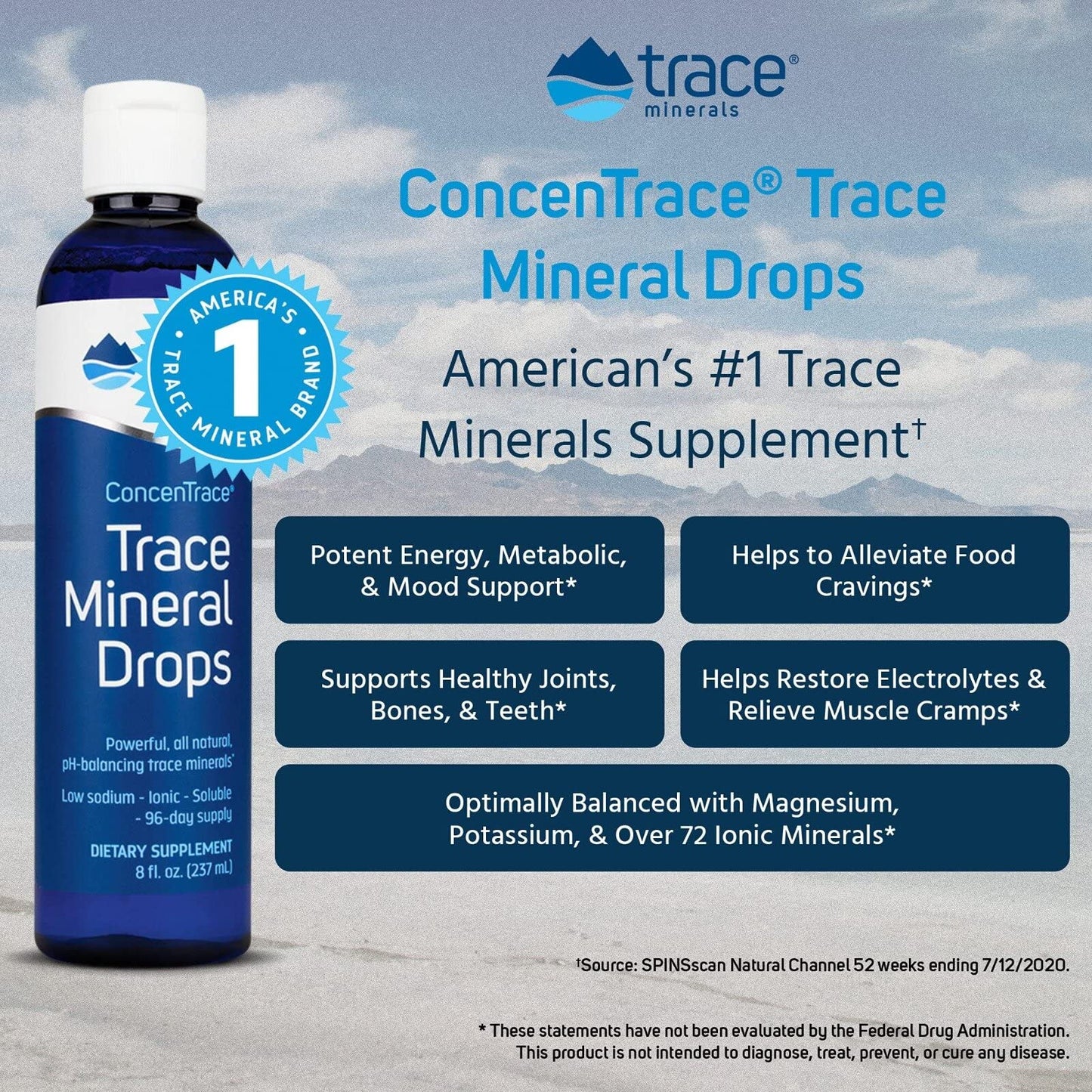 Trace Minerals ConcenTrace Drops | Full Spectrum Minerals | Ionic Liquid Magnesium, Chloride, Potassium | Low Sodium | 96 Day Supply, 8 fl oz (Pack of 1)