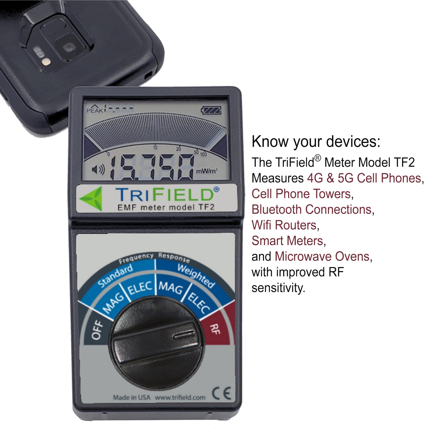 TriField EMF Meter Detects Radio, Magnetic & Electric Fields - For 5G, Cell Towers, WiFi, Bluetooth, Smart Meters