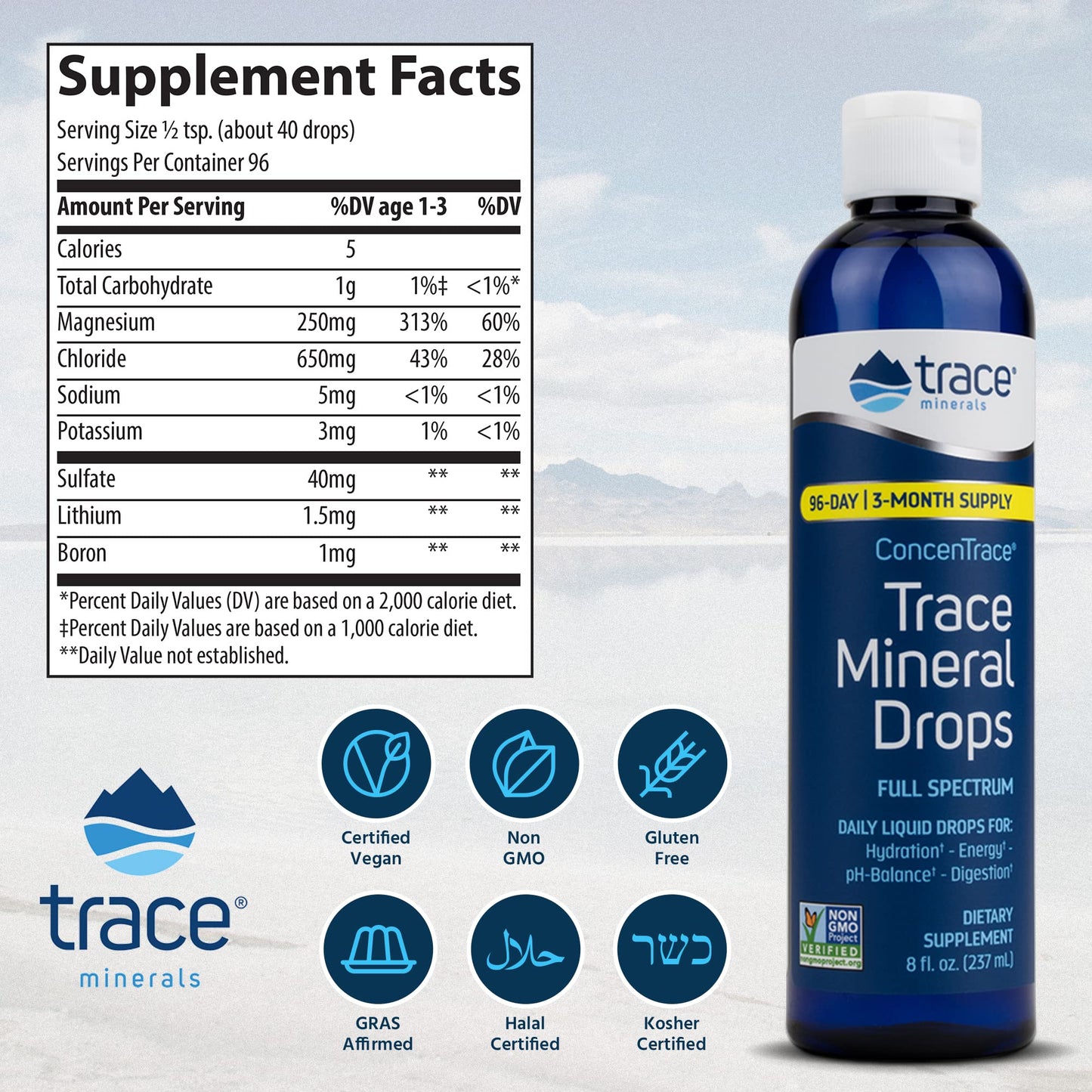 Trace Minerals ConcenTrace Drops | Full Spectrum Minerals | Ionic Liquid Magnesium, Chloride, Potassium | Low Sodium | 96 Day Supply, 8 fl oz (Pack of 1)