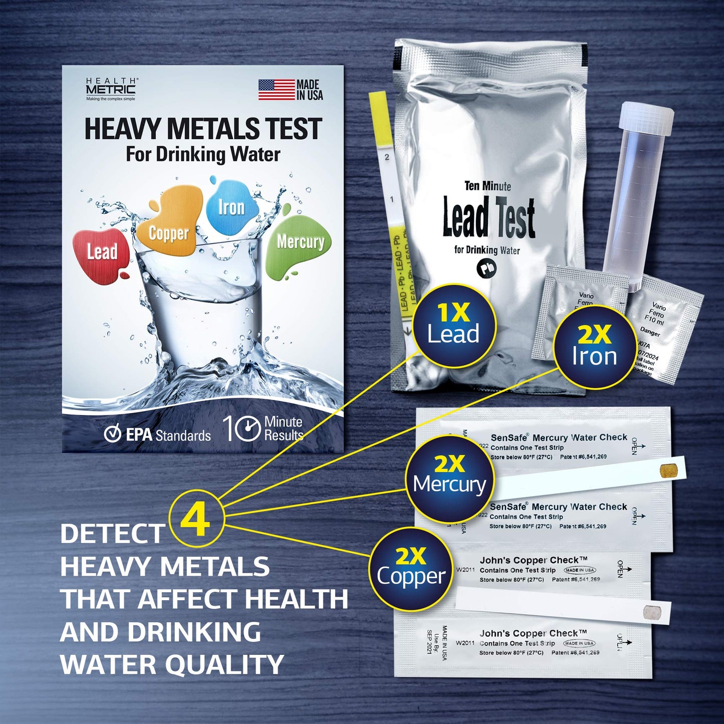 Health Metric Test Kit for Drinking Water - Easy Water Home Test for Lead, Iron, Copper and Mercury - Heavy Metal Test Strips for Well Water