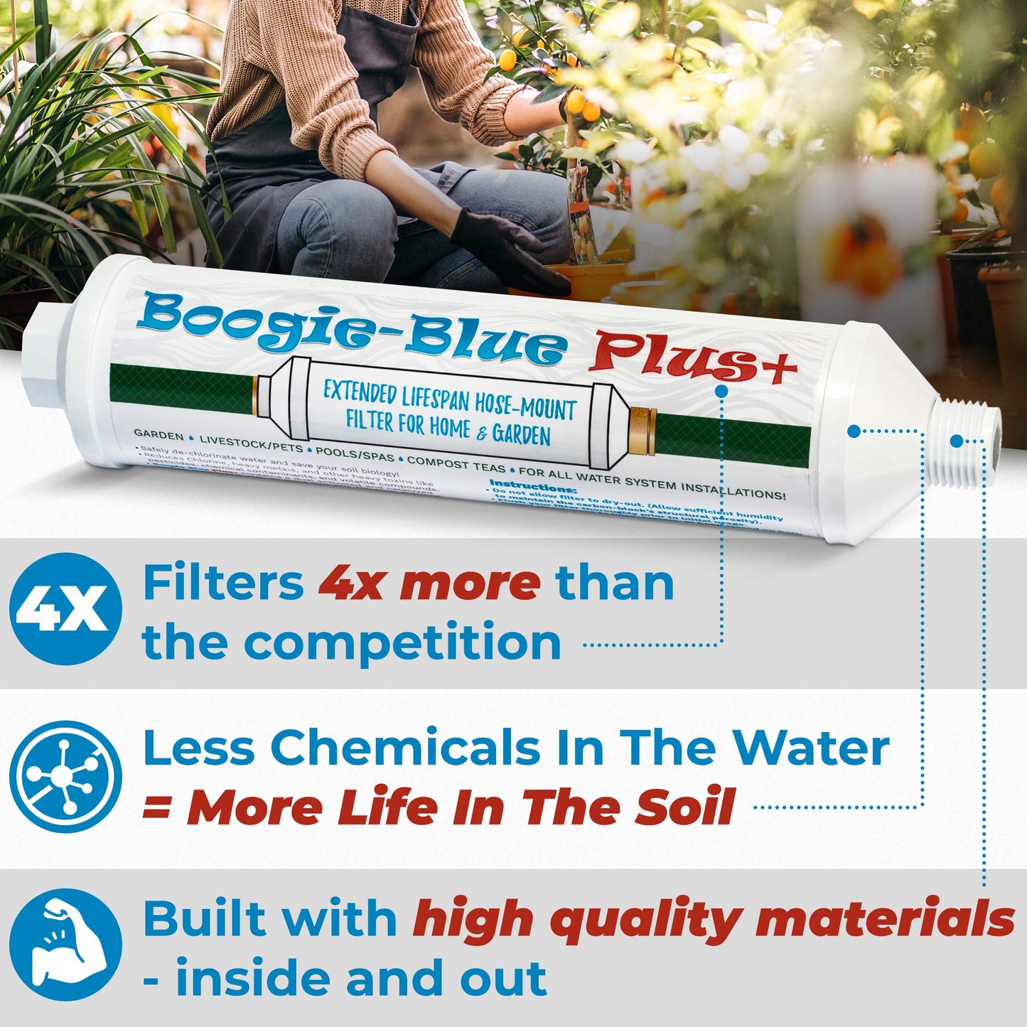 Boogie Blue Plus Garden Hose Water Filter for RV and Outdoor use - Removes Chlorine, Chloramines, VOCs, Pesticides/Herbicides for Organic Gardener