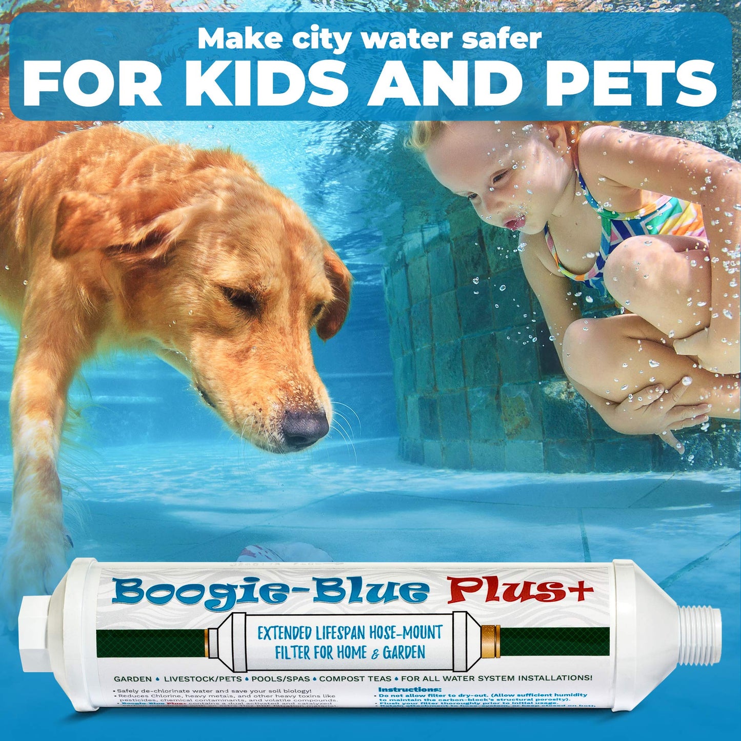 Boogie Blue Plus Garden Hose Water Filter for RV and Outdoor use - Removes Chlorine, Chloramines, VOCs, Pesticides/Herbicides for Organic Gardener